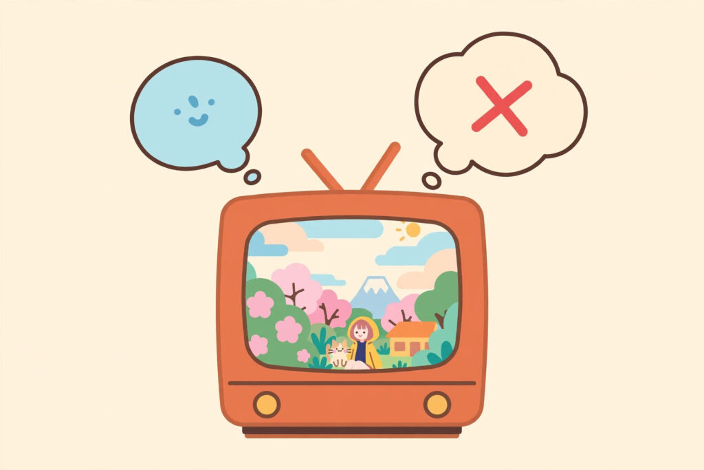 Anime TV with speech bubbles, one crossed out