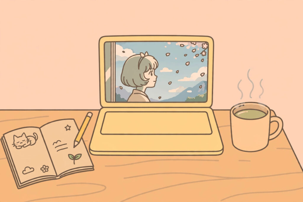 Studying Japanese with anime on a laptop